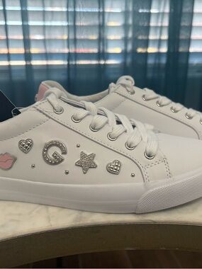 G by Guess White Lace-Up Sneakers with Silver Charms and Pink Accent